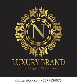 Luxury Laurel Wreath Letter N Logo Design Featuring Gold for a Sophisticated and Timeless Branding
