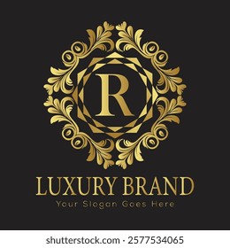 Luxury Laurel Wreath Letter R Logo Design Showcasing Gold Elements for a Distinguished Branding Presence
