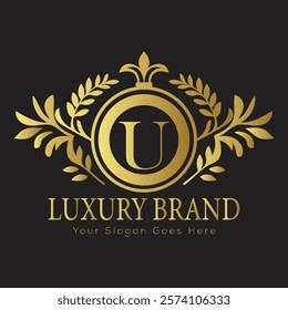 Luxury Laurel Wreath Letter U Logo Design in Elegant Gold for an Exclusive and High-Class Branding Identity
