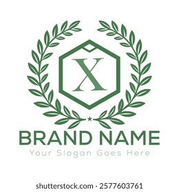 Luxury Laurel Wreath Letter X Logo Design with Hexagon Frame for Exceptional Branding
