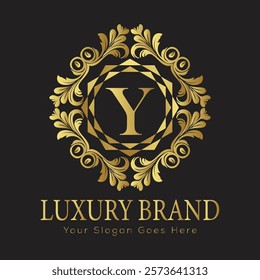 Luxury Laurel Wreath Letter Y Logo Design Featuring Gold Accents for an Exclusive and Prestigious Brand Identity
