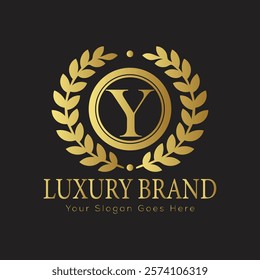 Luxury Laurel Wreath Letter Y Logo Design Featuring Gold Accents for an Exclusive and Prestigious Brand Identity
