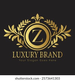 Luxury Laurel Wreath Letter Z Logo Design in Gold for a Sophisticated and Distinguished Branding Presence
