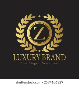 Luxury Laurel Wreath Letter Z Logo Design in Gold for a Sophisticated and Distinguished Branding Presence
