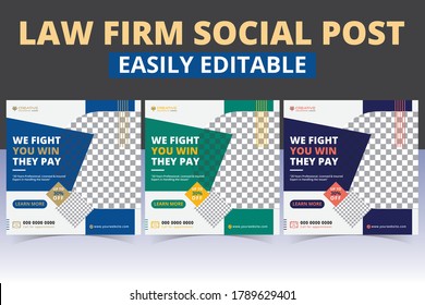 luxury lawyer social media banners post templates geometrical shapes composition vector design set. Law firm modern square social media layout ads & promotional social media posts poster design.