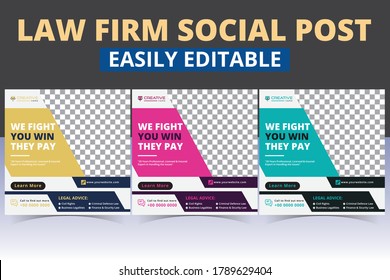 luxury lawyer social media banners post templates geometrical shapes composition vector design set. Law firm modern square social media layout ads & promotional social media posts poster design.