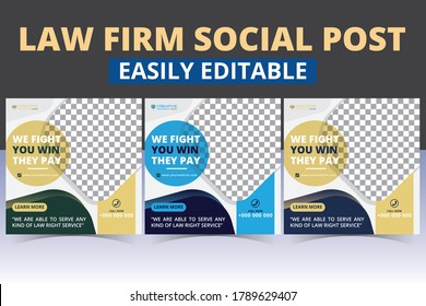 luxury lawyer social media banners post templates geometrical shapes composition vector design set. Law firm modern square social media layout ads & promotional social media posts poster design.