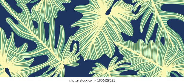 Luxury leaf art deco wallpaper. Nature background vector. Floral pattern with golden split-leaf Philodendron plant with monstera plant line art on trendy color background. Vector illustration.