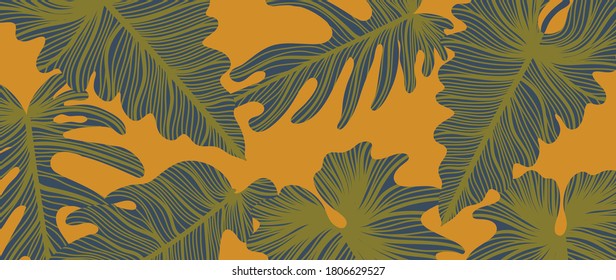 Luxury leaf art deco wallpaper. Nature background vector. Floral pattern with golden split-leaf Philodendron plant with monstera plant line art on trendy color background. Vector illustration.