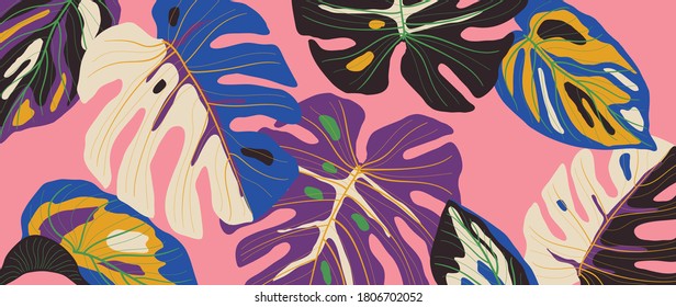 Luxury leaf art deco wallpaper. Nature background vector. Floral pattern with tropical plant line art on trendy color background. Vector illustration.