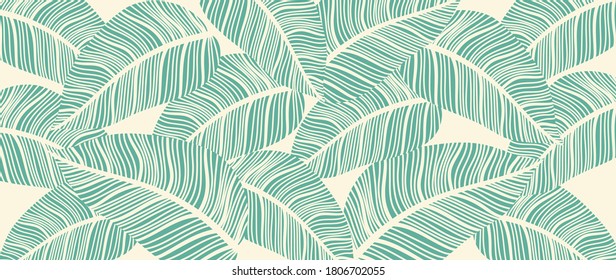 Luxury leaf art deco wallpaper. Nature background vector. Floral pattern with tropical plant line art on trendy color background. Vector illustration.