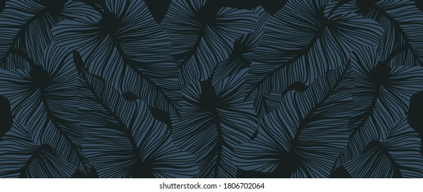 Luxury leaf art deco wallpaper. Nature background vector. Floral pattern with tropical plant line art on trendy color background. Vector illustration.