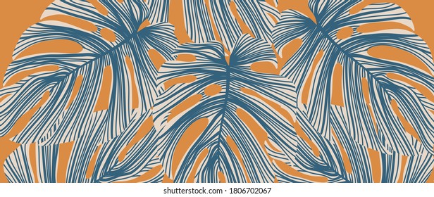 Luxury leaf art deco wallpaper. Nature background vector. Floral pattern with tropical plant line art on trendy color background. Vector illustration.