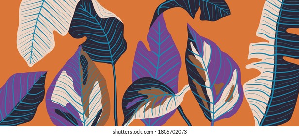 Papel tapizado de lujo con motivos de Art Deco. Vector de fondo natural. Patrón floral con el arte de la línea tropical vegetal sobre fondo de color moderno. Ilustración vectorial.