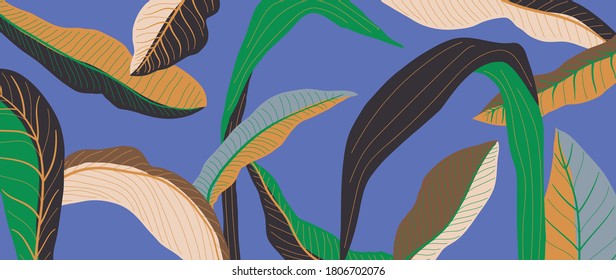 Luxury leaf art deco wallpaper. Nature background vector. Floral pattern with tropical plant line art on trendy color background. Vector illustration.