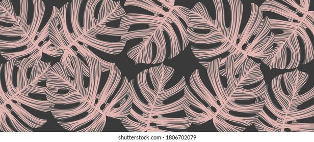 Luxury leaf art deco wallpaper. Nature background vector. Floral pattern with tropical plant line art on trendy color background. Vector illustration.