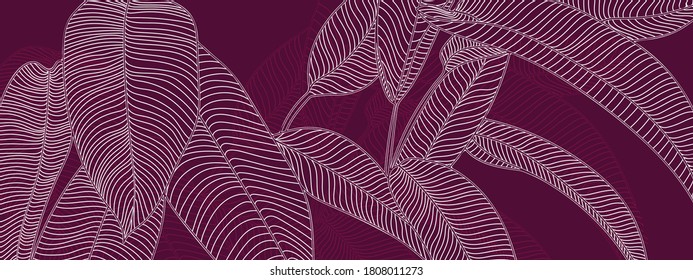 Luxury leaf art deco wallpaper. Nature background vector. Floral pattern with tropical plant line art on trendy color background. Vector illustration.