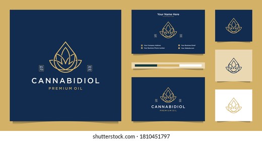 Luxury leaf and drop with line art style. premium cbd oil, marijuana, cannabis logo design and business card.