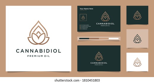 Luxury leaf and drop with line art style. premium cbd oil, marijuana, cannabis logo design and business card.