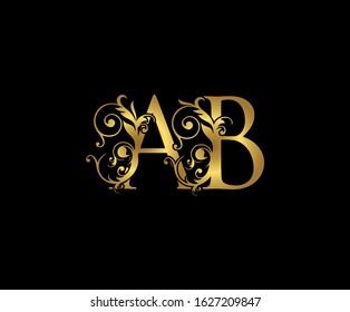 Luxury  letter A, B and AB  Vintage Gold Floral Logo Icon, overlapping monogram logo, elegant luxury gold color on black background. CLassy Letter Logo Icon.