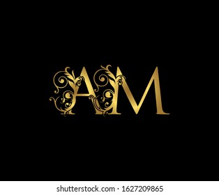 Luxury  letter A, M and AM  Vintage Gold Floral Logo Icon, overlapping monogram logo, elegant luxury gold color on black background. CLassy Letter Logo Icon.