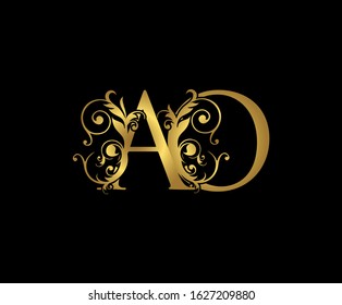 Luxury  letter A, O and AO  Vintage Gold Floral Logo Icon, overlapping monogram logo, elegant luxury gold color on black background. CLassy Letter Logo Icon.