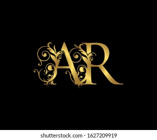 Luxury  letter A, R and AR  Vintage Gold Floral Logo Icon, overlapping monogram logo, elegant luxury gold color on black background. CLassy Letter Logo Icon.