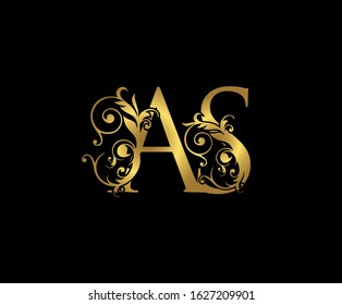 Luxury  letter A, S and AS  Vintage Gold Floral Logo Icon, overlapping monogram logo, elegant luxury gold color on black background. CLassy Letter Logo Icon.