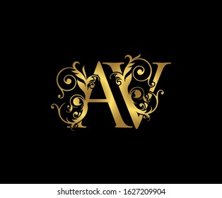 Luxury  letter A, V and AV  Vintage Gold Floral Logo Icon, overlapping monogram logo, elegant luxury gold color on black background. CLassy Letter Logo Icon.