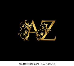 Luxury  letter A, Z and AZ  Vintage Gold Floral Logo Icon, overlapping monogram logo, elegant luxury gold color on black background. CLassy Letter Logo Icon.