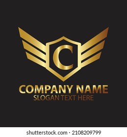 Luxury Letter C Gold Wing with Shield Logo template, Golden Wing Shield Luxury Initial Letter C logo