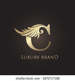 Luxury Letter C Logo Gold Monogram Feather Decorative Ornate Ornament  Vector Design Template