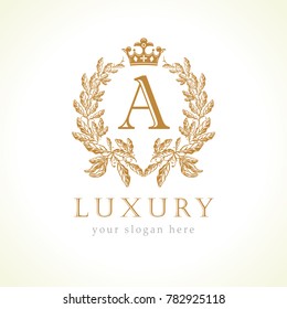 Logotipo de carta y monograma de la corona de lujo. Laurel elegante y hermosa identidad redonda con corona y corona. Letra vectorial emblema A para Antique, Restaurant, Boutique, Hotel, Heraldic, Joyería