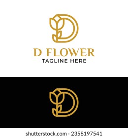 Luxury Letter D with Rose Tulip Flower for Fashion Beauty Spa Wellness Boutique Perfume Florist Logo Design Template