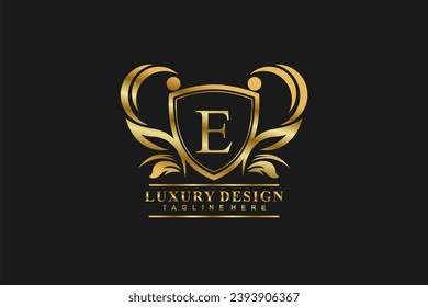 
Luxury letter E gold emblem Logo template with leaf flower ornament. vintage emblem monogram. E flourish logo. Suitable for business signs, corporate identity, royalty, boutiques, hotels, etc