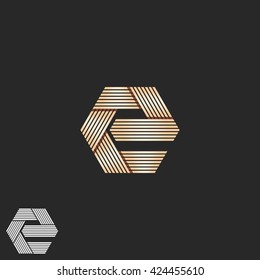 Luxury letter E logo orange monogram, overlapping parallel line geometric hexagon shape mockup t-shirt print, intersection stripe