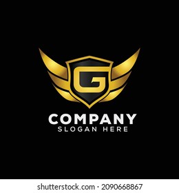 Luxury Letter G Gold Wing with Shield Logo template, Golden Wing Shield Luxury Initial Letter G logo