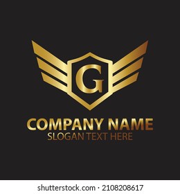 Luxury Letter G Gold Wing with Shield Logo template, Golden Wing Shield Luxury Initial Letter G logo