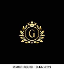 Luxury Letter G Monogram Logo with Crown and Laurel Wreath on Black Background in vector