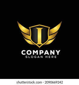 Luxury Letter I Gold Wing with Shield Logo template, Golden Wing Shield Luxury Initial Letter I logo