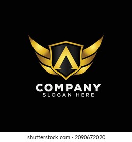 Luxury Letter A Gold Wing with Shield Logo template, Golden Wing Shield Luxury Initial Letter A logo