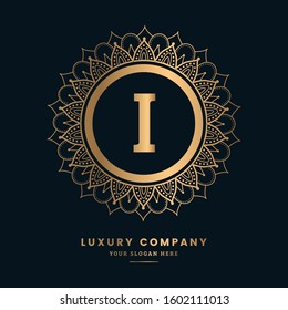 Luxury I letter Golden ornament logo. Mandala logo for Restaurant,Royalty,Boutique,Cafe,Hotel,Heraldic,Jewelry,Fashion,royal,spa,vintage,floral,ornament,jewelry,antique,wedding.