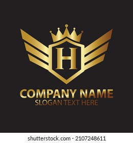 Luxury Letter H Gold Wing with Shield Crown Logo template, Golden Wing Shield Luxury Initial Letter H logo