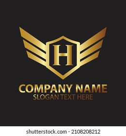 Luxury Letter H Gold Wing with Shield Logo template, Golden Wing Shield Luxury Initial Letter H logo