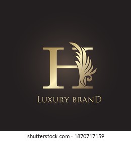 Luxury Letter H Logo Gold Monogram Feather Decorative Ornate Ornament  Vector Design Template