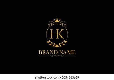 Luxury letter HK vector logo mark, elegant ornament monogram, Golden Initials H and K with crown