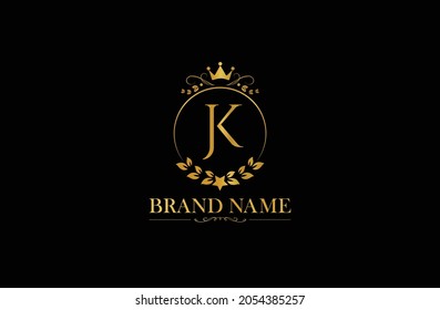 Luxury letter JK vector logo mark, elegant ornament monogram, Golden Initials J and K with crown