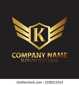 Luxury Letter K Gold Wing with Shield Logo template, Golden Wing Shield Luxury Initial Letter K logo