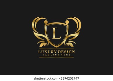 Luxury letter L gold emblem Logo template with leaf flower ornament. vintage emblem monogram. L flourish logo. Suitable for business signs, corporate identity, royalty, boutiques, hotels, etc