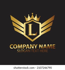 Luxury Letter L Gold Wing with Shield Crown Logo template, Golden Wing Shield Luxury Initial Letter L logo